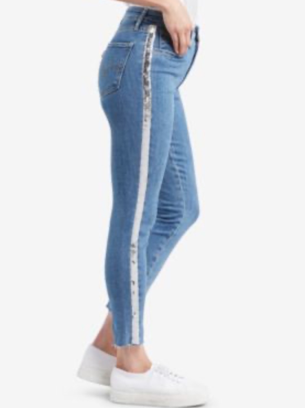 Levi's 721 High Rise Skinny Ankle Jeans w silver sequin stripe raw hem size 31